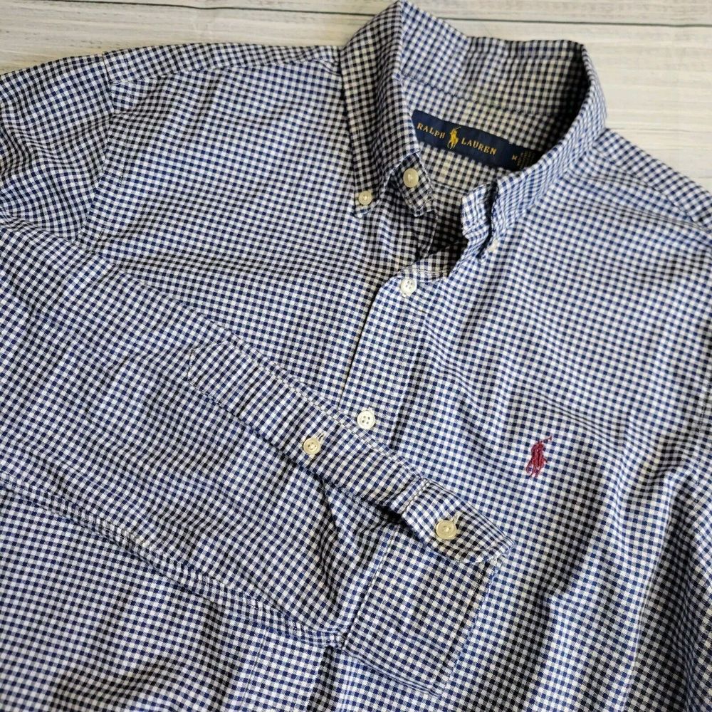 Ralph Lauren Stretch Medium Long Sleeve Button Down Blue White Check Cotton Span